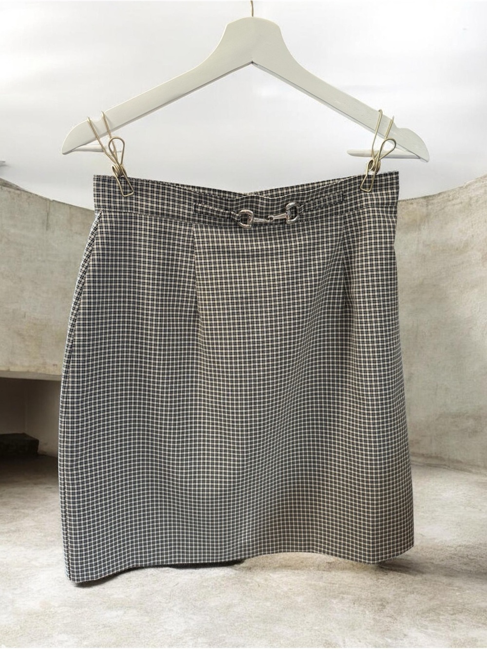 Inclinations Vintage Tailored Mini Skirt with Metal Accent in Black and Tan